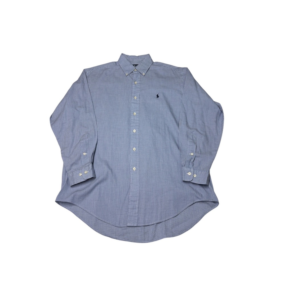 VTG Ralph Lauren Yarmouth Blue Micro Check Cotton Button Down Shirt Mens 15.5